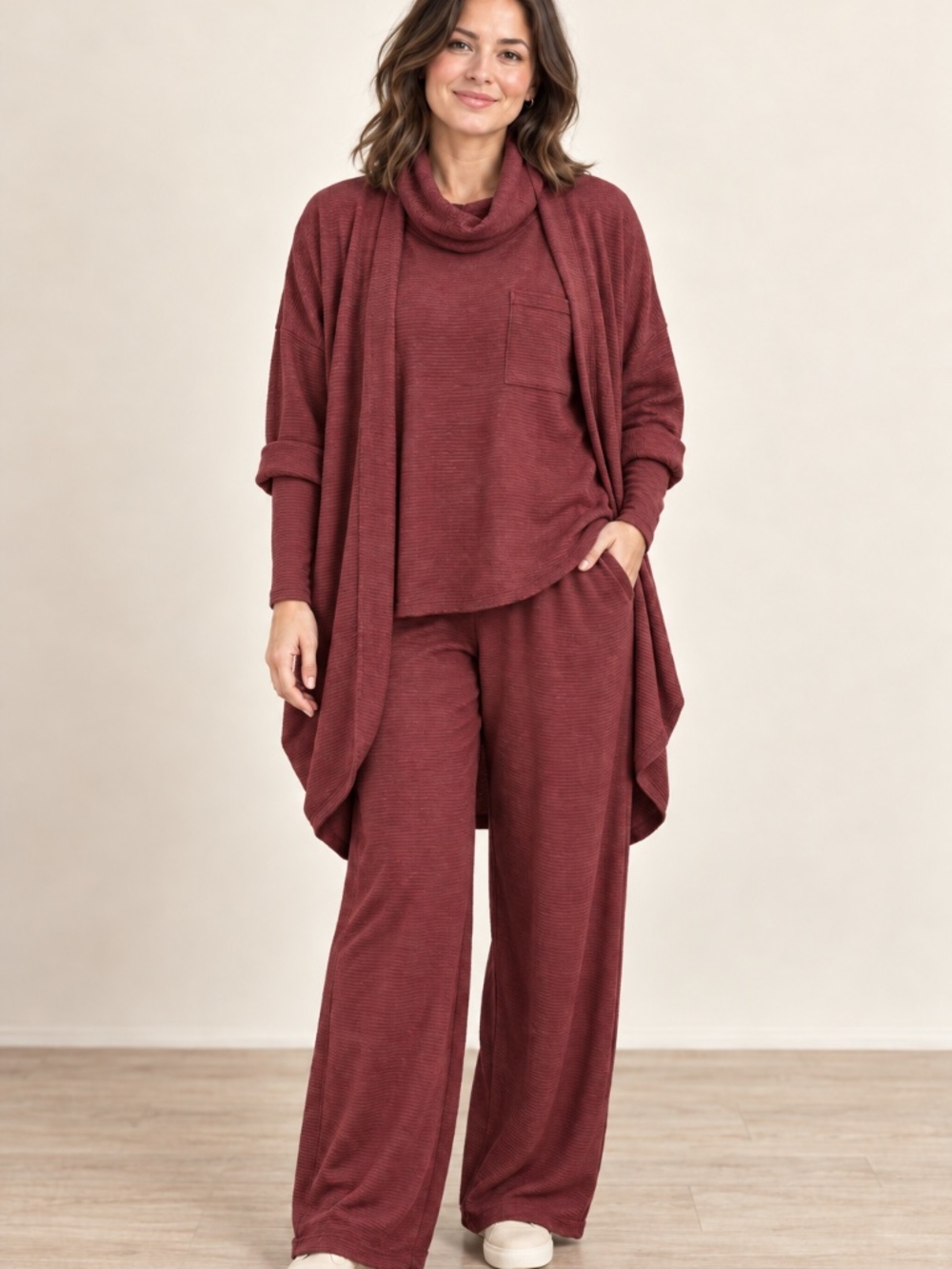Dear Scarlett Wine Burgundy 3-Piece Textured Knit Lounge Set